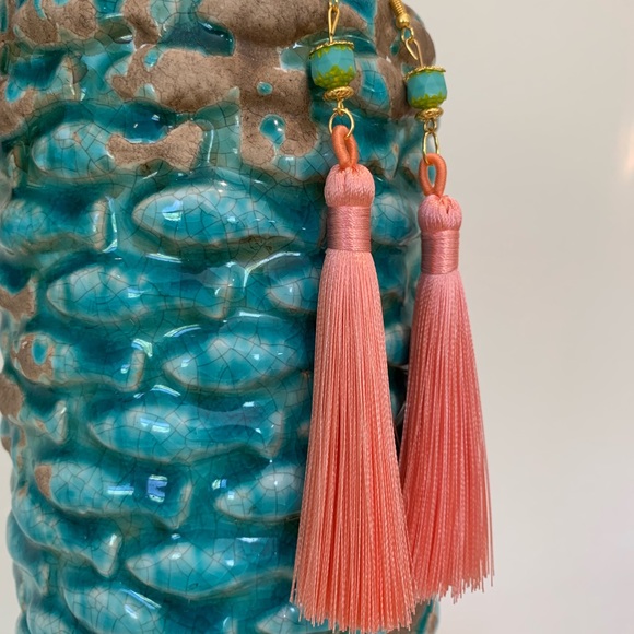 NEW Tassel Earrings - Handmade Peach & Turquoise - Picture 5 of 6